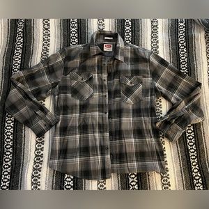 Wrangler, black, and gray flannel